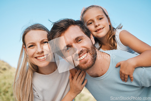 Image of Nature portrait, happiness and family child, mother and father enjoy time together, park or outdoor wellness. Freedom, summer holiday and face of happy mom, dad and young kid bonding, care and love