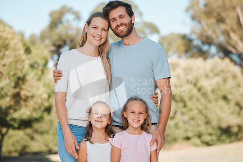 Image of Park portrait, happiness and family children, mother and father enjoy time together, nature or outdoor wellness. Green woods, support trust and happy mom, dad and youth kids bonding, care and love