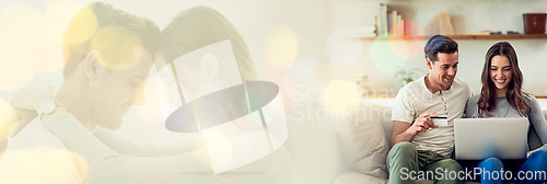 Image of Bokeh, online shopping or happy couple with credit card or laptop in house living room for investment. Computer, search or man with woman make a safe payment on internet website for a discount sale