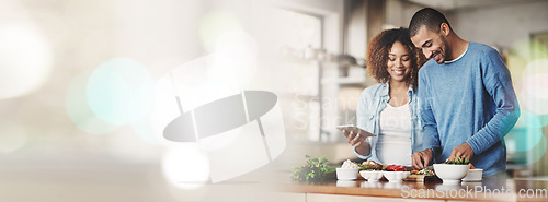 Image of Happy, couple and cooking in home with phone, recipe or eating with healthy food on mobile app, mockup or space. Black people, cook and prepare dinner, diet and nutrition for health banner or bokeh