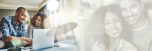 Image of Finance, budget and couple banking with laptop online, planning or talking about savings, investment and insurance. Happy people, together and typing on computer in home with double exposure portrait