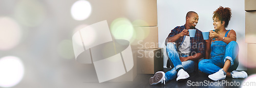 Image of Coffee, mockup or happy couple with boxes in new home for investment in property or real estate. Smile, bokeh or excited black man with a biracial woman in a house with loan success, goal or security