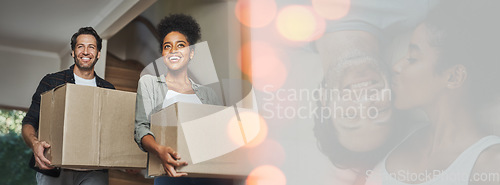 Image of Walking, mockup or happy couple with boxes in new home for investment, property or real estate. Interracial, bokeh or excited man with a biracial woman in a house with loan success, goal or security