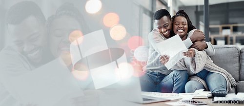 Image of Couple, documents and hug for home budget, financial success or loan application on living room sofa and banner. African people with bank letter for mortgage, investment and love with double exposure