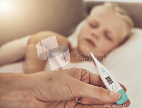 Image of Thermometer, mom and sick child on sofa for cold, flu or medical care for children in home. Healthcare, fever and mother with sleeping daughter on couch with digital temperature check in living room.