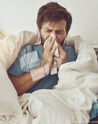 Image of Man, blowing nose and sneeze, sick with allergies or influenza, virus and bacteria with health fail at home. Toilet paper, illness and healthcare with crisis or disaster, medical condition and flu