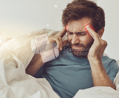 Image of Man, headache and pain, massage temple and sick, tired at home with medical condition or stress with red overlay. Migraine, health fail and brain fog, vertigo and dizziness with glow and fever