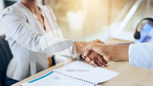 Image of People and handshake in closeup at interview, recruitment and hiring with agreement, job and office. Human resource expert, business owner and management with b2b, shaking hands and onboarding