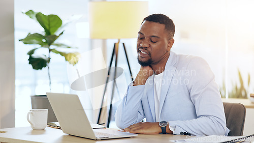 Image of Business man, neck pain and stress on computer for debt, company budget report or financial mistake in office. African employee with health risk, fatigue and tired for accounting deadline on laptop