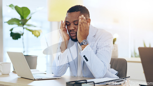 Image of Business man, headache and pain on computer for office planning, Human Resources crisis and mistake or payroll error. African worker or employee with fatigue, tired and stress for news or career fail