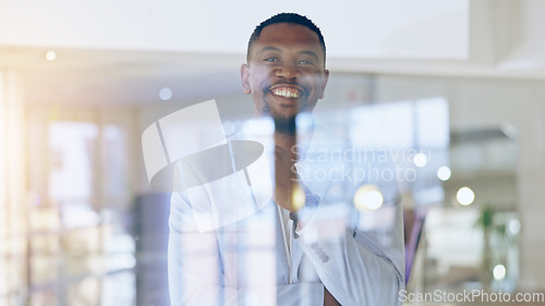 Image of Portrait, business and happy black man in office at window for corporate career in company. Face, smile and African professional lawyer, confident attorney or employee working in Nigeria at workplace