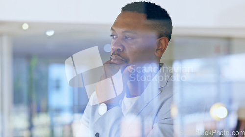 Image of Thinking, idea and African businessman in the office with brainstorming or problem solving face. Memory, planning and professional male ceo standing by window with reflection face in workplace.