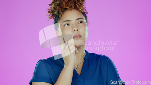 Image of Woman, thinking and question for idea, plan and doubt with question, unsure and isolated on purple studio background. Decision, confused and mockup space with choice, wondering and concentrating