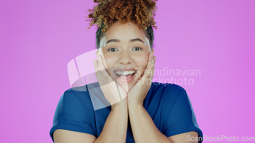 Image of Face, woman and wow with hand in studio for winner or celebration on purple background or mock up. Surprised, female and happy lady with excitement and joy for success, lottery and cheerful for deal