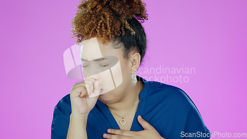 Image of Woman, cough with chest pain and sick in studio, health crisis and tuberculosis on pink background. Healthcare, heart burn and virus with bacteria, infection and lungs, fail with wellness and flu