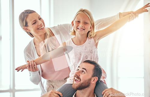 Image of Parents, child and airplane on couch, smile or portrait for love, care or bonding in living room at family home. Father, mother and daughter for plane game, excited and relax on lounge sofa in house