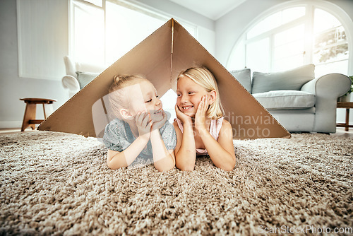 Image of Smile, kids and cardboard for insurance with girl sisters on the floor of the living room at home. Security. family or children and young siblings on a carpet in their house for safety with flare