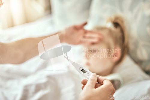 Image of Parent, hands and thermometer for child fever in bed from cold, sick or flu virus at home. Closeup of person checking kid with illness for temperature or measurement in bedroom or rest at house