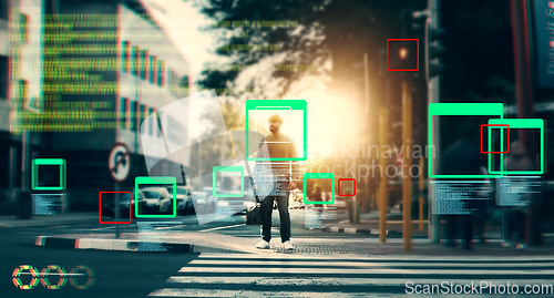 Image of Face recognition, man in street and identity with biometric, surveillance and code for technology innovation in city. Network, security and future, ai overlay with info and frame, privacy and UI