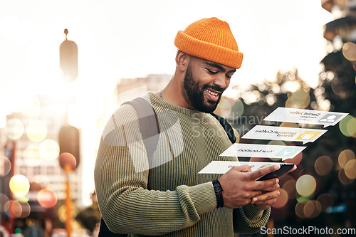 Image of City, hologram and man with a smartphone, chat and social media with digital app, banner and website information. Person, gen z and guy with a cellphone, holographic and futuristic with mobile user