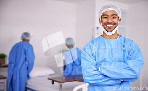 Image of Happy asian man, doctor and arms crossed of professional in ICU with medical team for healthcare service at hospital. Portrait of male person, surgeon or nurse smile in confidence or health at clinic