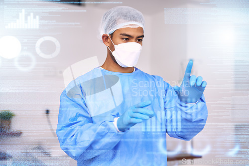 Image of Connection, overlay and futuristic doctor press digital medical data for medicine research in hospital or clinic. Technology, information and professional working on internet or online for healthcare