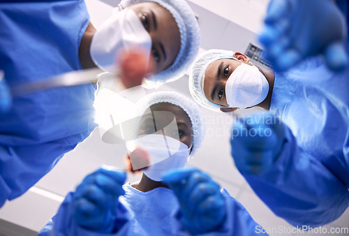 Image of Patient pov, doctors and surgery in hospital for emergency, healthcare or medical procedure from below. Surgeon, nurse and medic teamwork with face mask, ppe and tools in clinic theater for operation