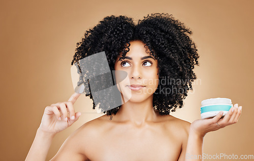 Image of Skincare face, think and woman with cream container, beauty routine or brainstorming idea, treatment or detox plan. Cosmetic girl, acne lotion solution or studio hydration product on brown background