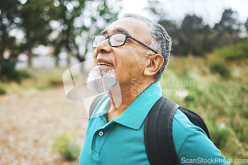 Image of Outdoor, thinking and senior man breathing, hike and calm with retirement, peace and fitness. Elderly person, pensioner and mature guy with meditation, relax and forest with wellness, health or smile