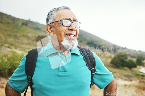 Image of Countryside, thinking and old man breathing, wellness and calm with retirement, peace and relax with fitness. Elderly person, pensioner and senior guy with health, forest and outdoor with fresh air