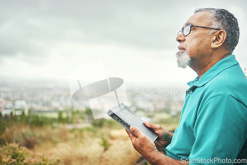 Image of Bible, praying or senior man in nature for praise, hope or Christian religion with holy mindfulness. Prayer moment, calm pastor or mature person in worship with faith, spiritual and sky mockup