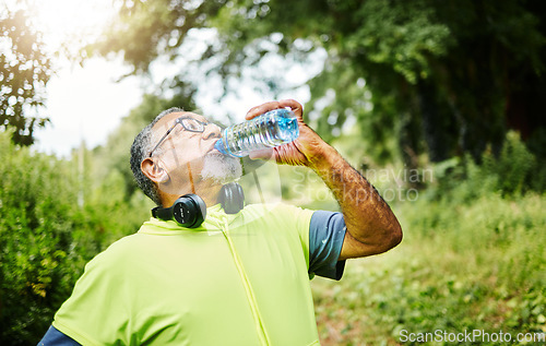 Image of Senior man, fitness and drinking water in nature for hydration or natural sustainability after workout. Mature male person with mineral drink from exercise, training or cardio in recovery or break
