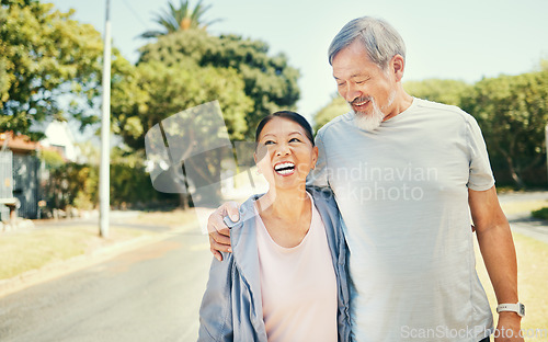 Image of Hug, outdoor and senior couple with fitness, funny and wellness with workout, retirement and love. Park, happy elderly man or old woman embrace, exercise or training with summer, health or retirement