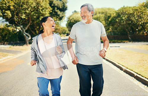 Image of Running, mature couple and smile for exercise, fitness or workout in road of neighborhood park. Asian man, woman or laugh in street for healthy cardio performance, action or energy in morning outdoor