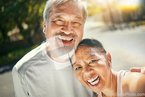 Image of Selfie, fitness and smile with senior couple in road after a running exercise for race or marathon training. Happy, health and portrait of elderly woman and man athlete after a cardio workout