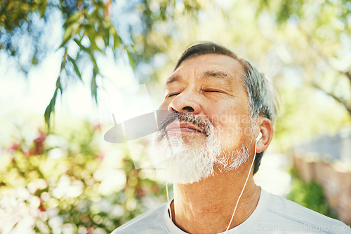 Image of Breathe, fitness and senior man in nature on a break after a running exercise for race training. Health, sports and elderly male athlete runner after a cardio workout in outdoor park or garden.