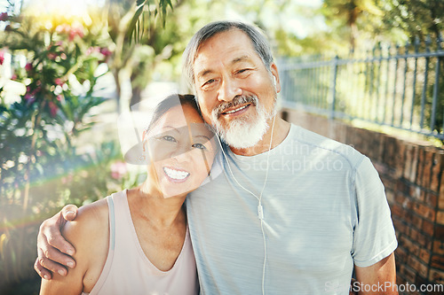 Image of Hug, outdoor and senior couple with exercise, portrait and retirement with workout, smile and love. Park, elderly man and happy old woman embrace, face and fitness with summer, wellness and health