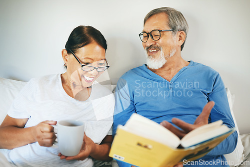 Image of Bible, senior or happy couple reading book in prayer, support or hope in home to worship together. Bed, Asian woman or mature man learning or studying God for grace in religion with love or coffee