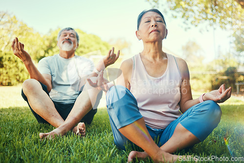 Image of Couple, yoga and lotus meditation on grass in nature at park for mindfulness, peace or calm. Mature man, woman and yogi meditate in holistic exercise, wellness or zen to relax for body health outdoor