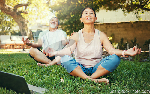 Image of Couple, yoga and lotus meditation with laptop in nature at park for mindfulness, peace and calm. Mature man, woman and yogi on computer for online lesson on video, wellness and zen for body health