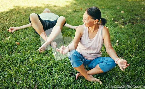 Image of Happy couple, yoga and lotus meditation on grass at park for mindfulness, peace and calm. Mature man, funny woman and meditate in holistic exercise, wellness or zen to relax for body health outdoor