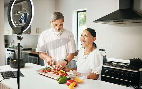 Image of Home, senior couple or influencer with food, smile or live streaming with connection, ring light or tech. Vlog, elderly man or old woman with social media, kitchen or cooking with diet plan or health