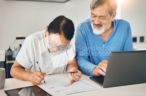 Image of Couple, credit card and documents for home application, investment and signature or financial contract. Happy senior man and woman writing info, registration and sign up for loan agreement or banking