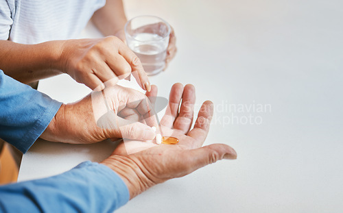 Image of Health, pills in hands and water with people and pharmaceutical drugs for wellness and medicine. Supplements, vitamins and omega 3 with drink in glass, healthcare and prescription medication