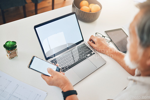 Image of Senior man, phone screen and laptop for budget, financial planning and asset management with online banking at home. Elderly person on computer mockup and mobile app for bills payment or investment