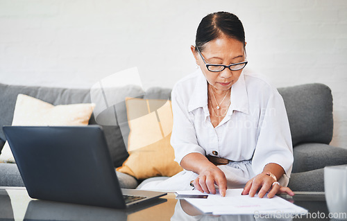 Image of Mature woman, documents and credit card for home budget, investment and asset management on her sofa. Investor or executive on computer for work from home revenue, bank paperwork or loan application