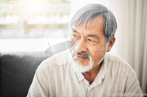 Image of Old man, thinking of memory and life with retirement, reflection and relax at home with health and mindfulness. Peace of mind, remember with knowledge and decision, wise and wellness with thoughts