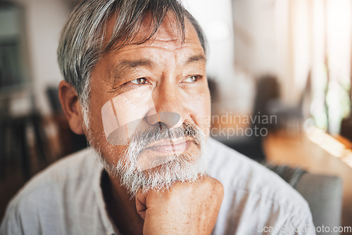Image of Old man, think of memory and life with retirement, reflection and relax at home with health and mindfulness. Peace of mind, remember with knowledge and decision, wise and wellness with thoughts