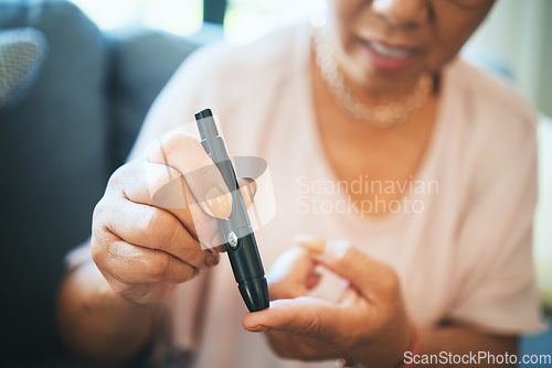 Image of Pen, hands and person does glucose test, check for diabetes with medicine and prescription healthcare. Health, wellness and medical care with chronic disease, monitor and insulin management at home