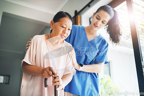 Image of Walking stick, senior woman and nurse for home support, helping and kindness with retirement or nursing service. Medical student, doctor or caregiver and elderly patient with disability in healthcare